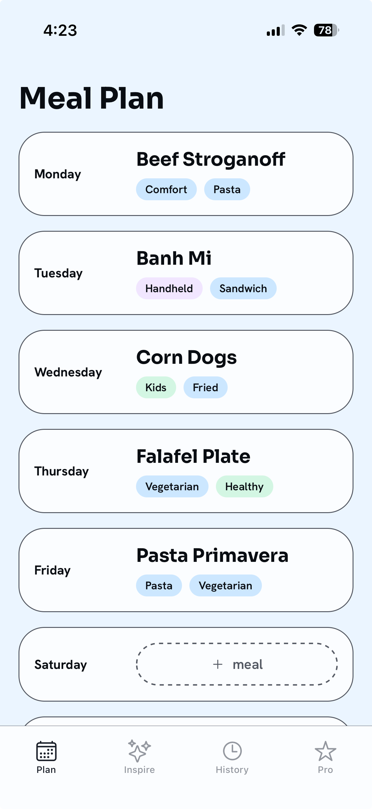 Meal Plan screen