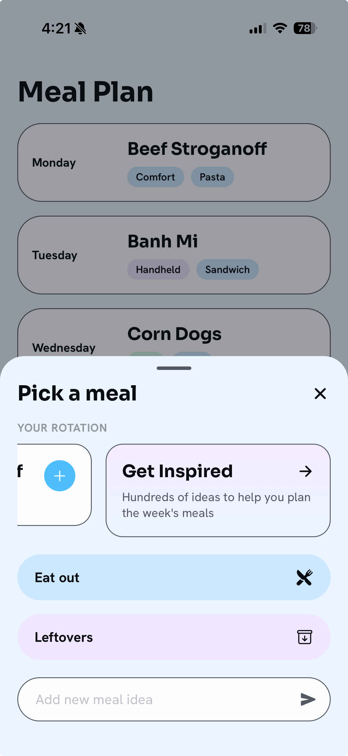 Pick a meal screen
